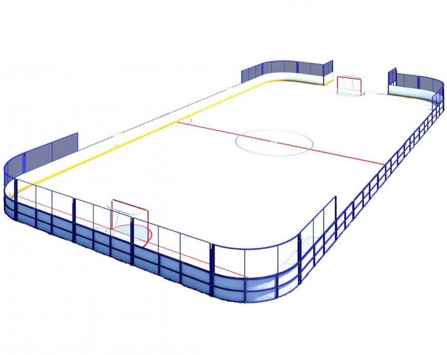 Хоккейный корт обшитый стеклопластиковыми листами, сетка рабица за воротами